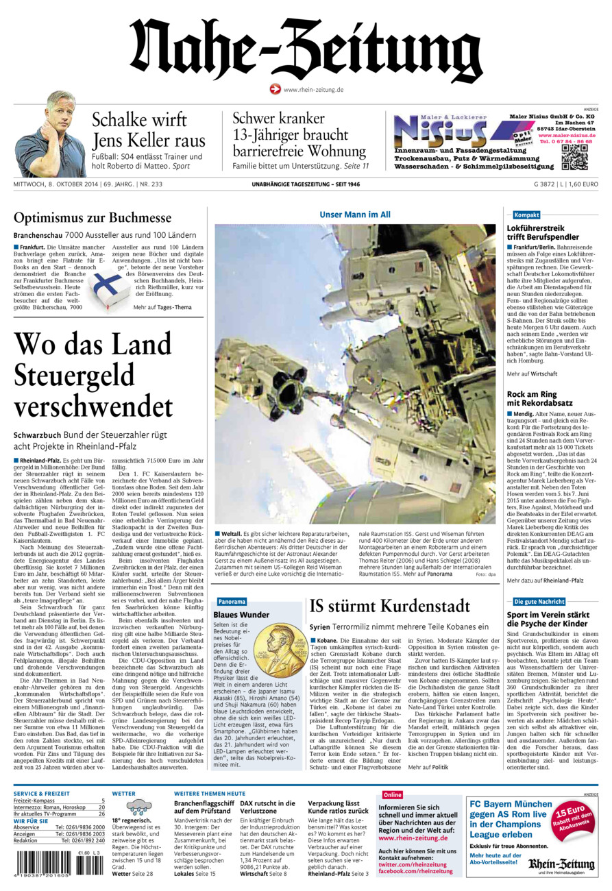 Nahe-Zeitung vom Mittwoch, 08.10.2014