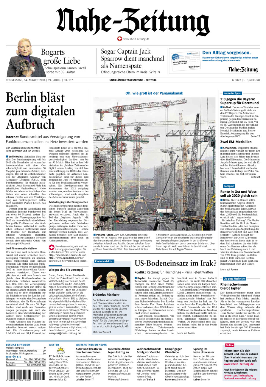 Nahe-Zeitung vom Donnerstag, 14.08.2014
