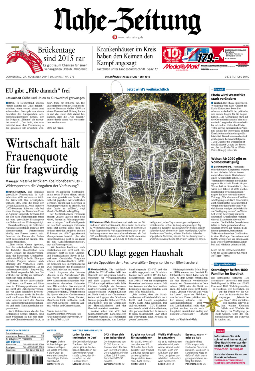 Nahe-Zeitung vom Donnerstag, 27.11.2014