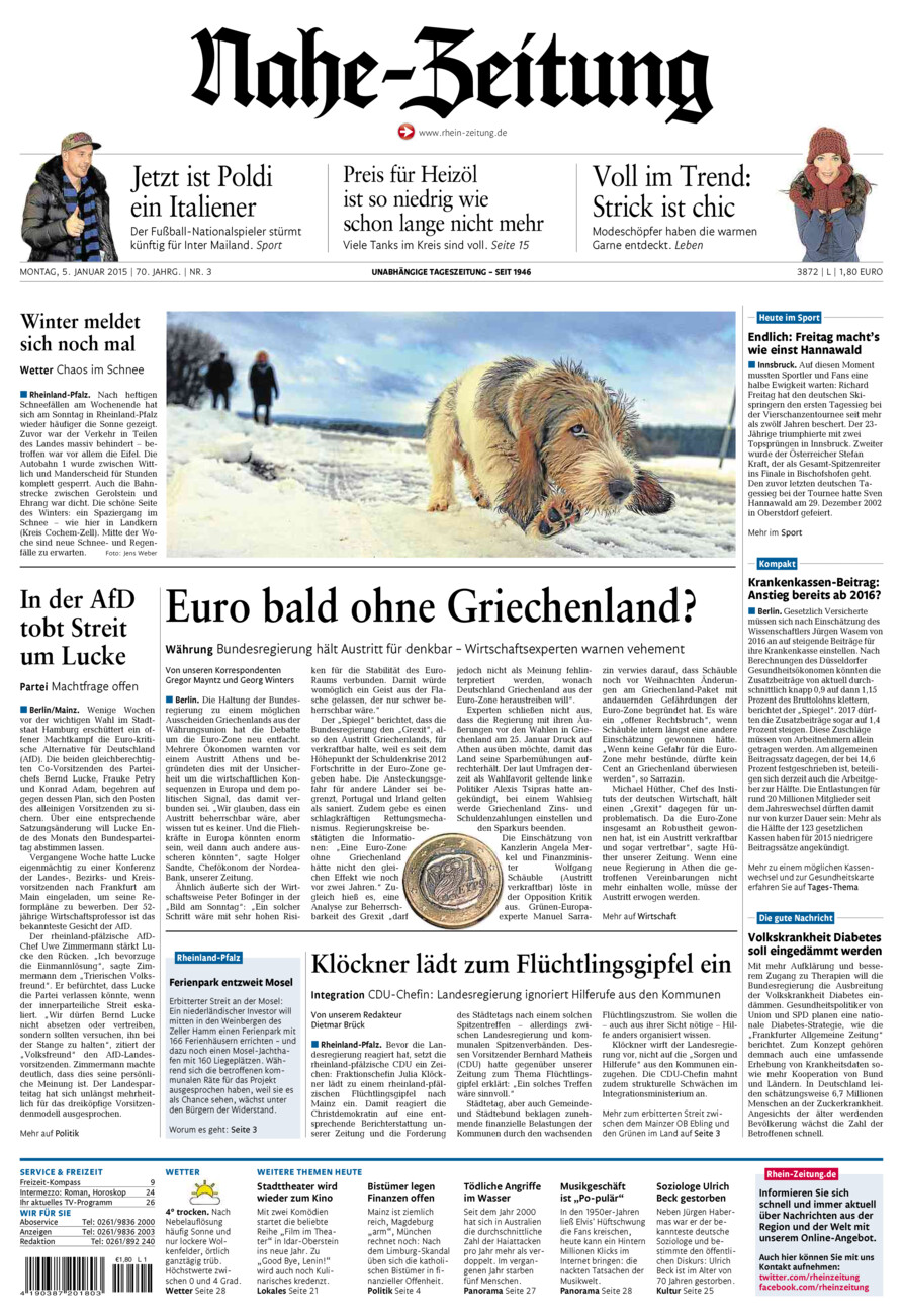 Nahe-Zeitung vom Montag, 05.01.2015