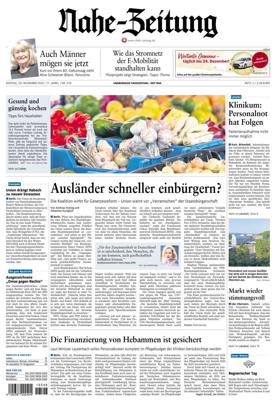 Nahe-Zeitung vom Montag, 28.11.2022