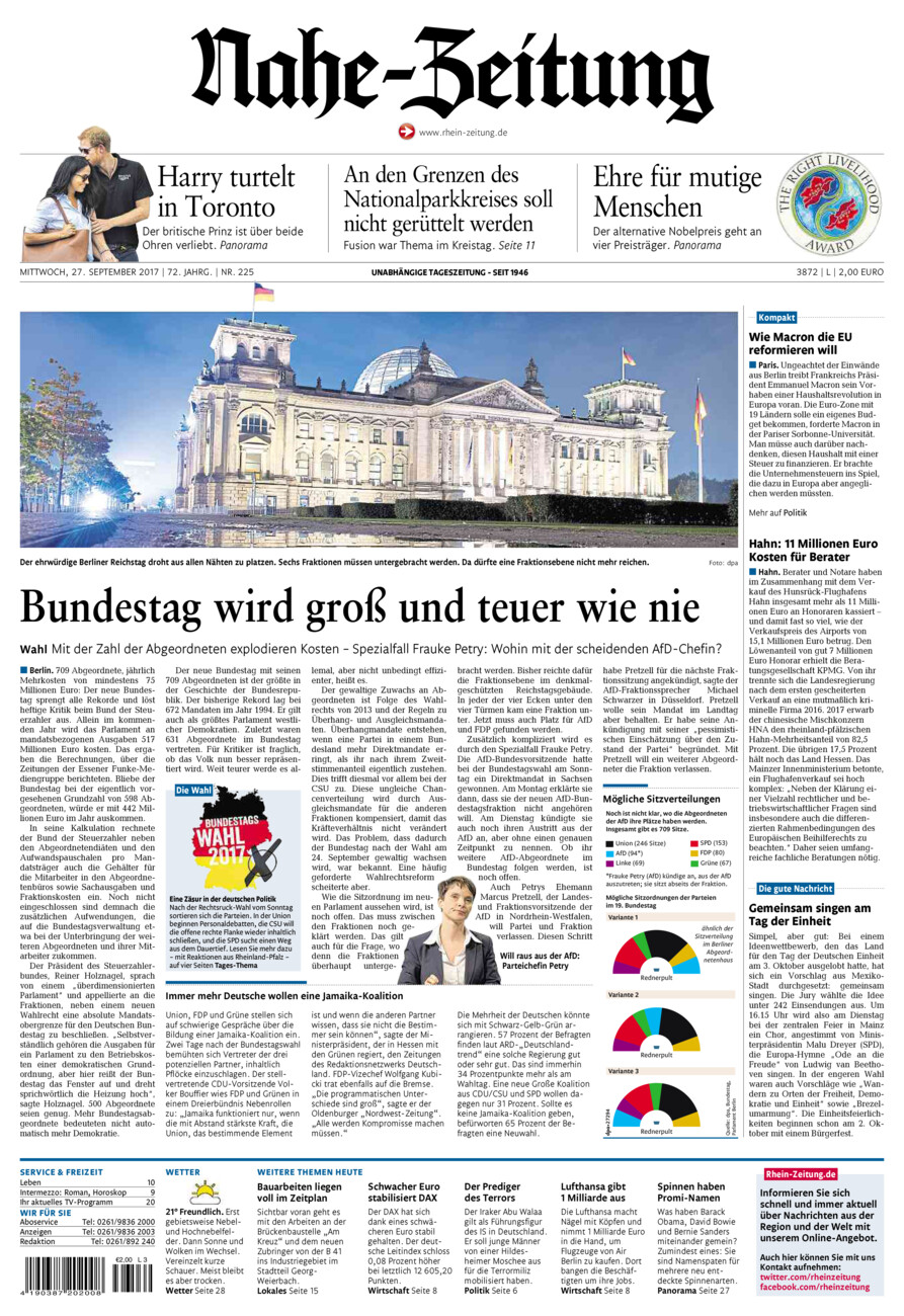 Nahe-Zeitung vom Mittwoch, 27.09.2017