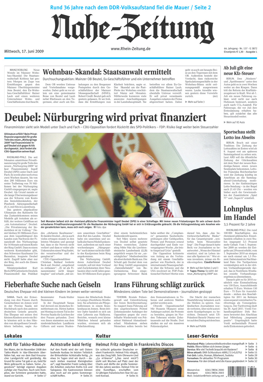Nahe-Zeitung vom Mittwoch, 17.06.2009