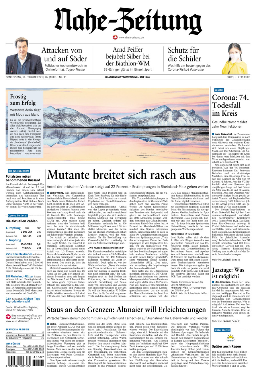 Nahe-Zeitung vom Donnerstag, 18.02.2021