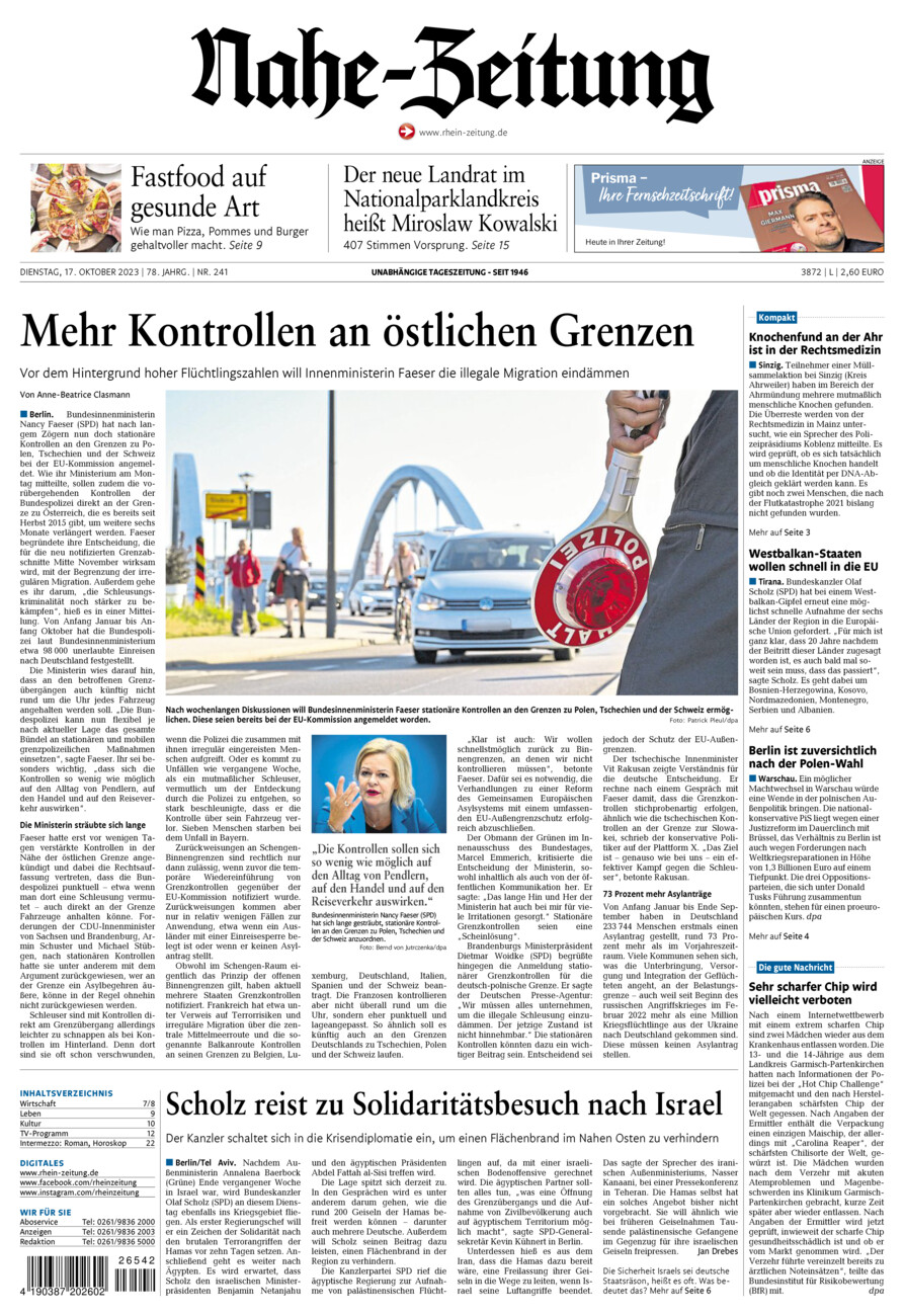 Nahe-Zeitung vom Dienstag, 17.10.2023