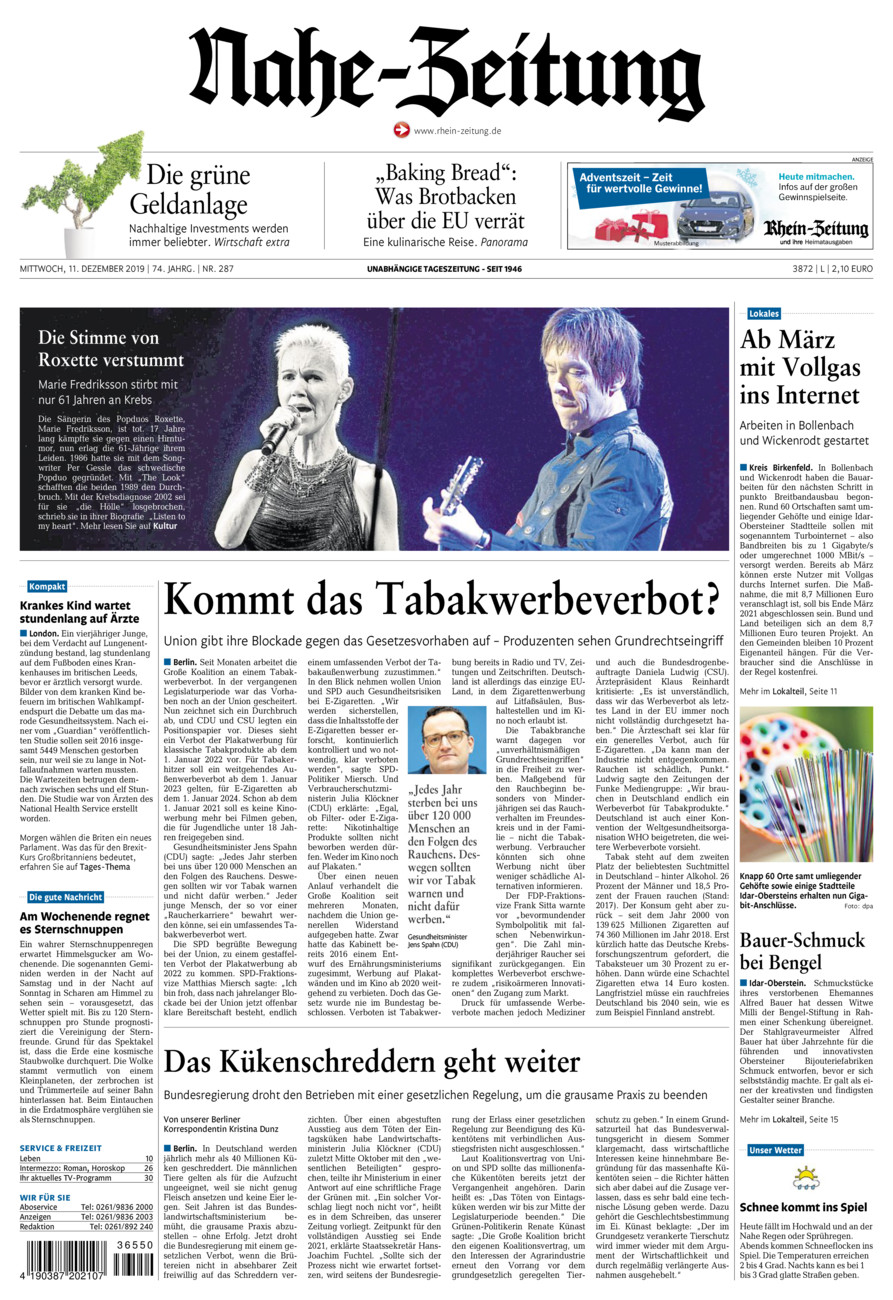 Nahe-Zeitung vom Mittwoch, 11.12.2019
