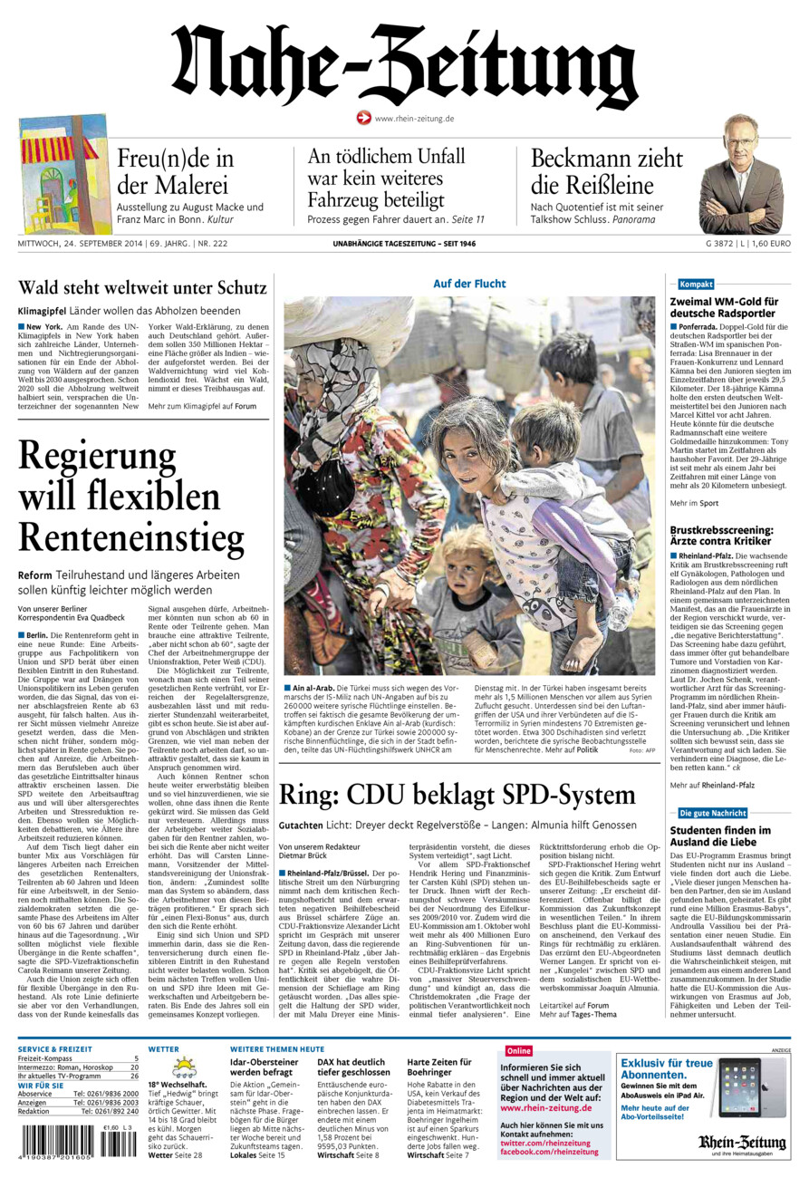 Nahe-Zeitung vom Mittwoch, 24.09.2014
