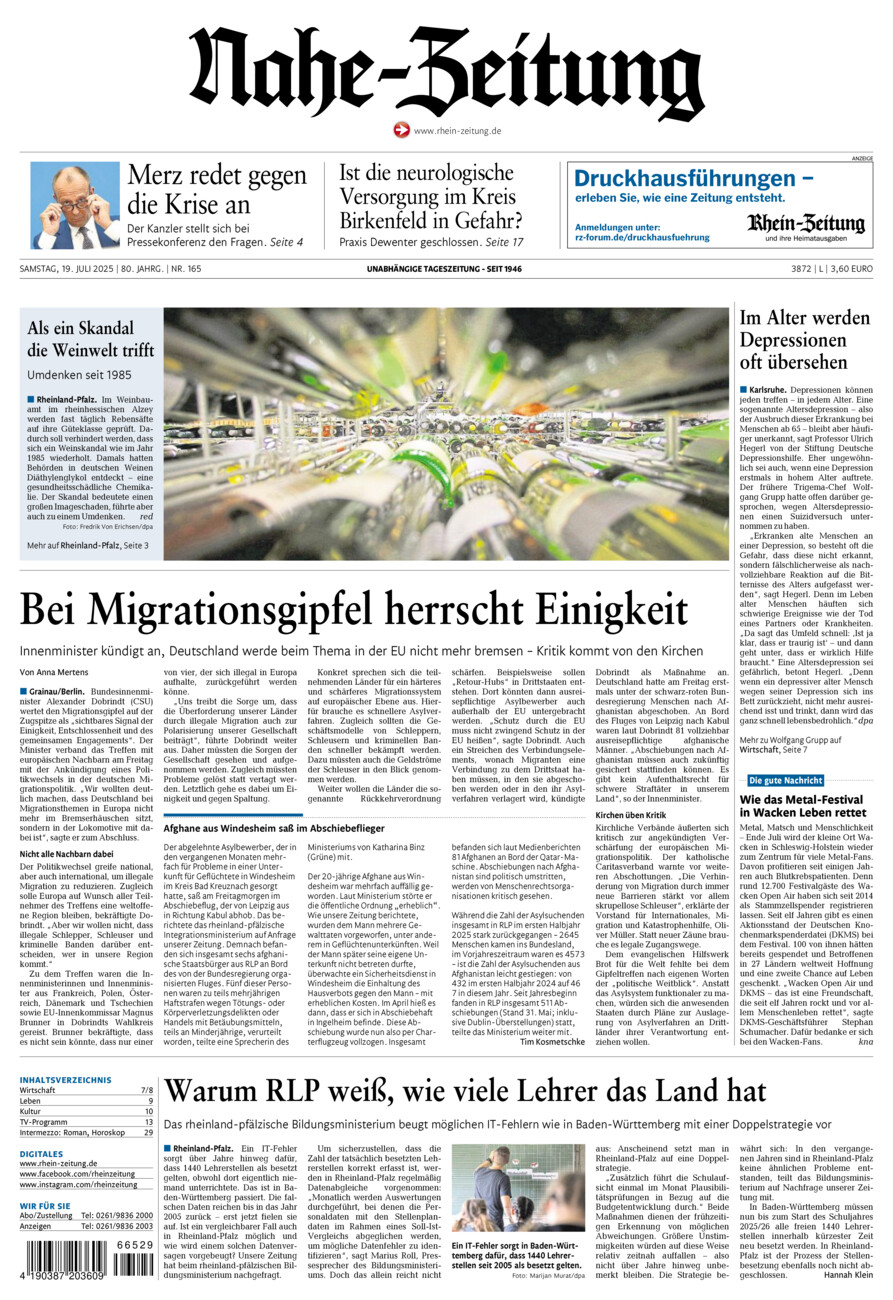 Nahe-Zeitung vom Samstag, 19.07.2025