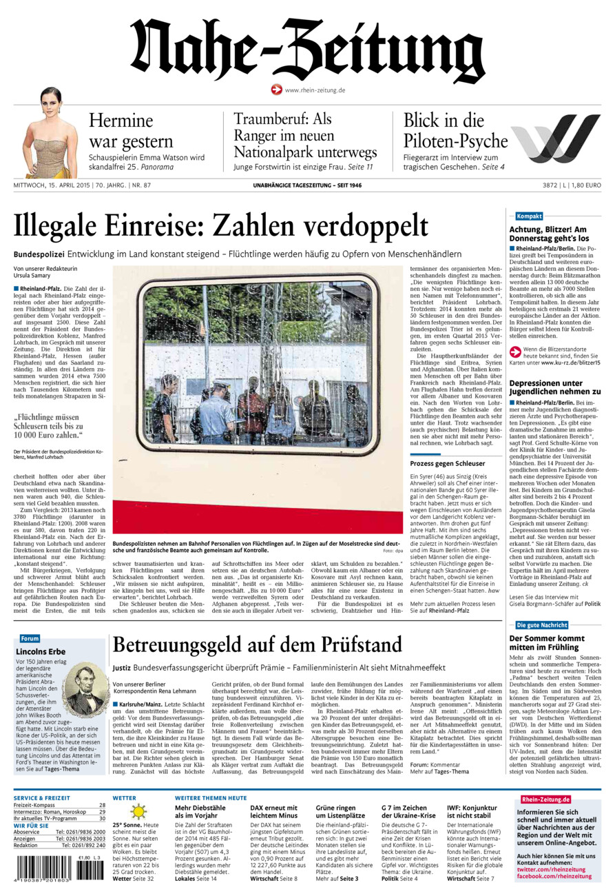 Nahe-Zeitung vom Mittwoch, 15.04.2015