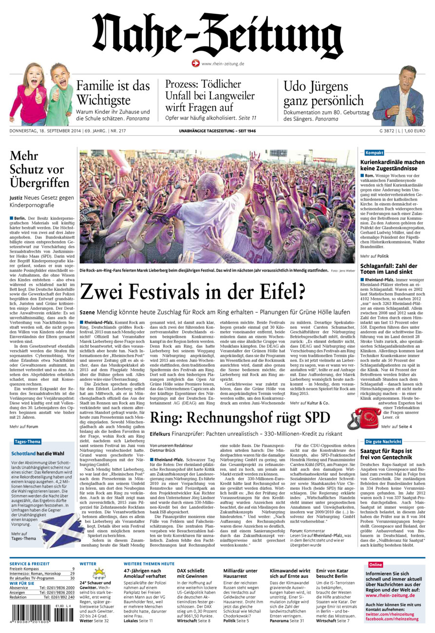 Nahe-Zeitung vom Donnerstag, 18.09.2014