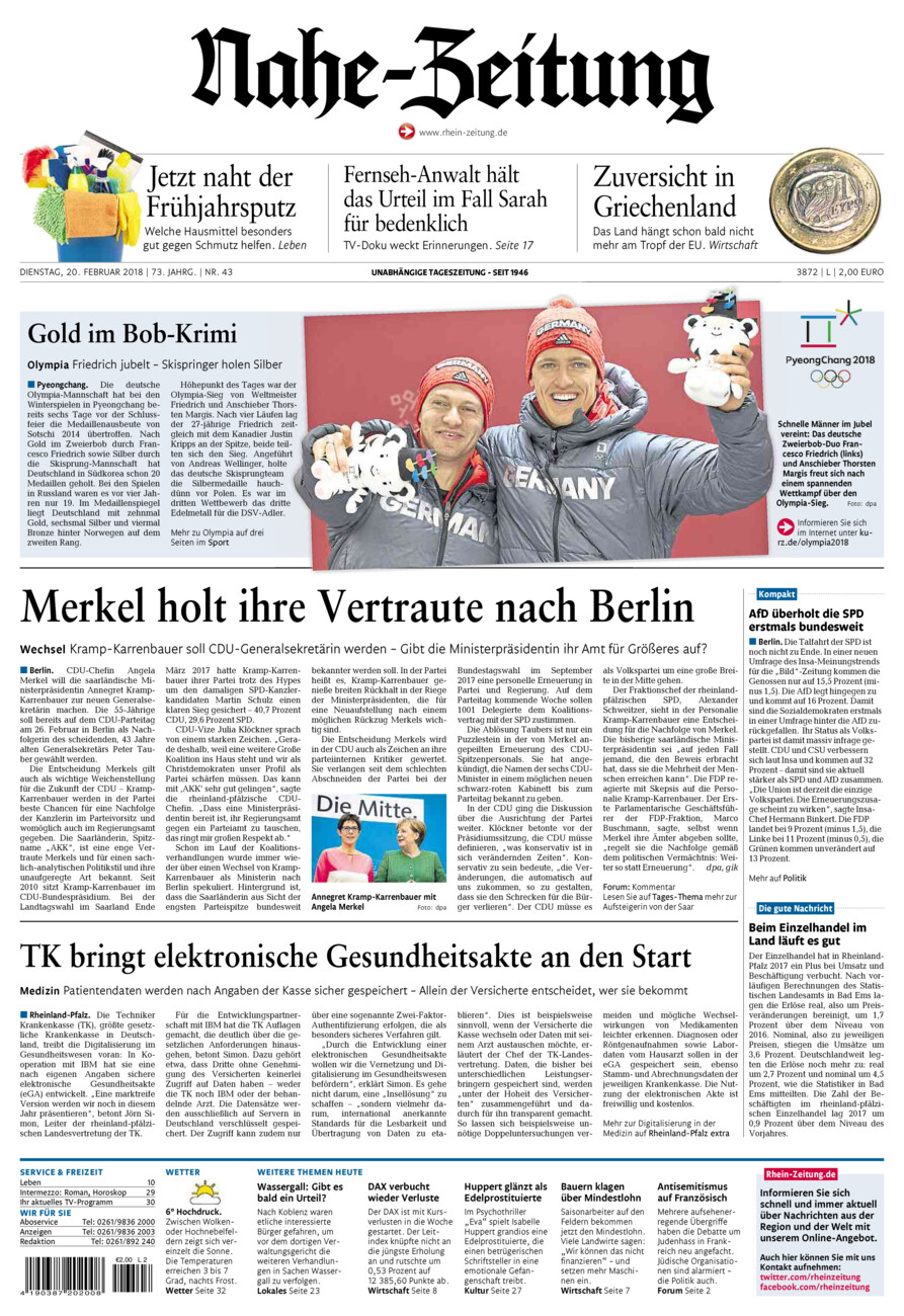 Nahe-Zeitung vom Dienstag, 20.02.2018