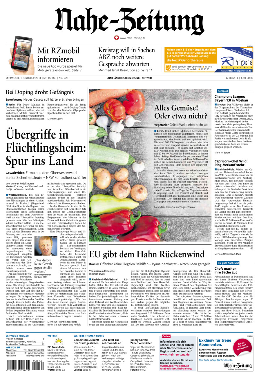 Nahe-Zeitung vom Mittwoch, 01.10.2014
