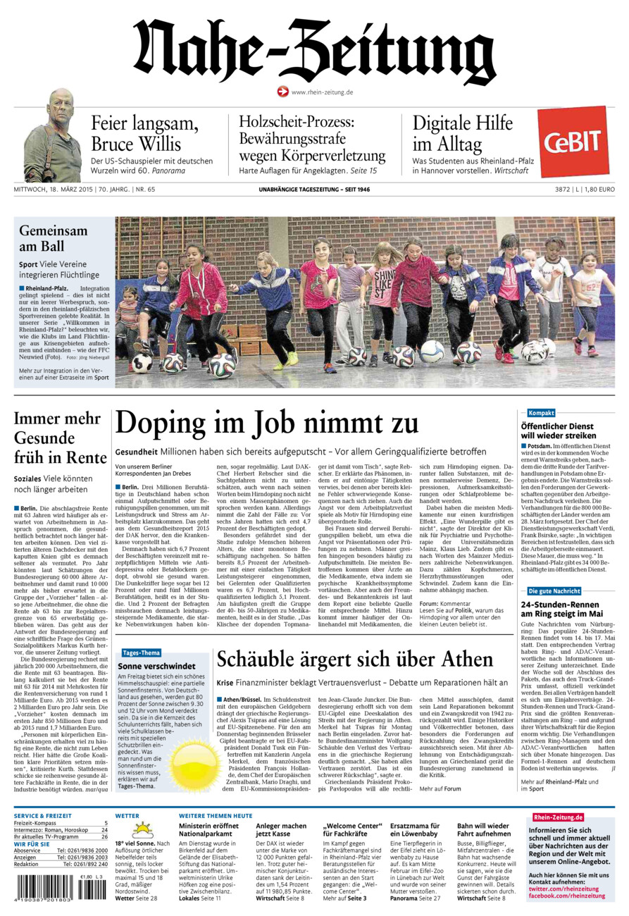 Nahe-Zeitung vom Mittwoch, 18.03.2015