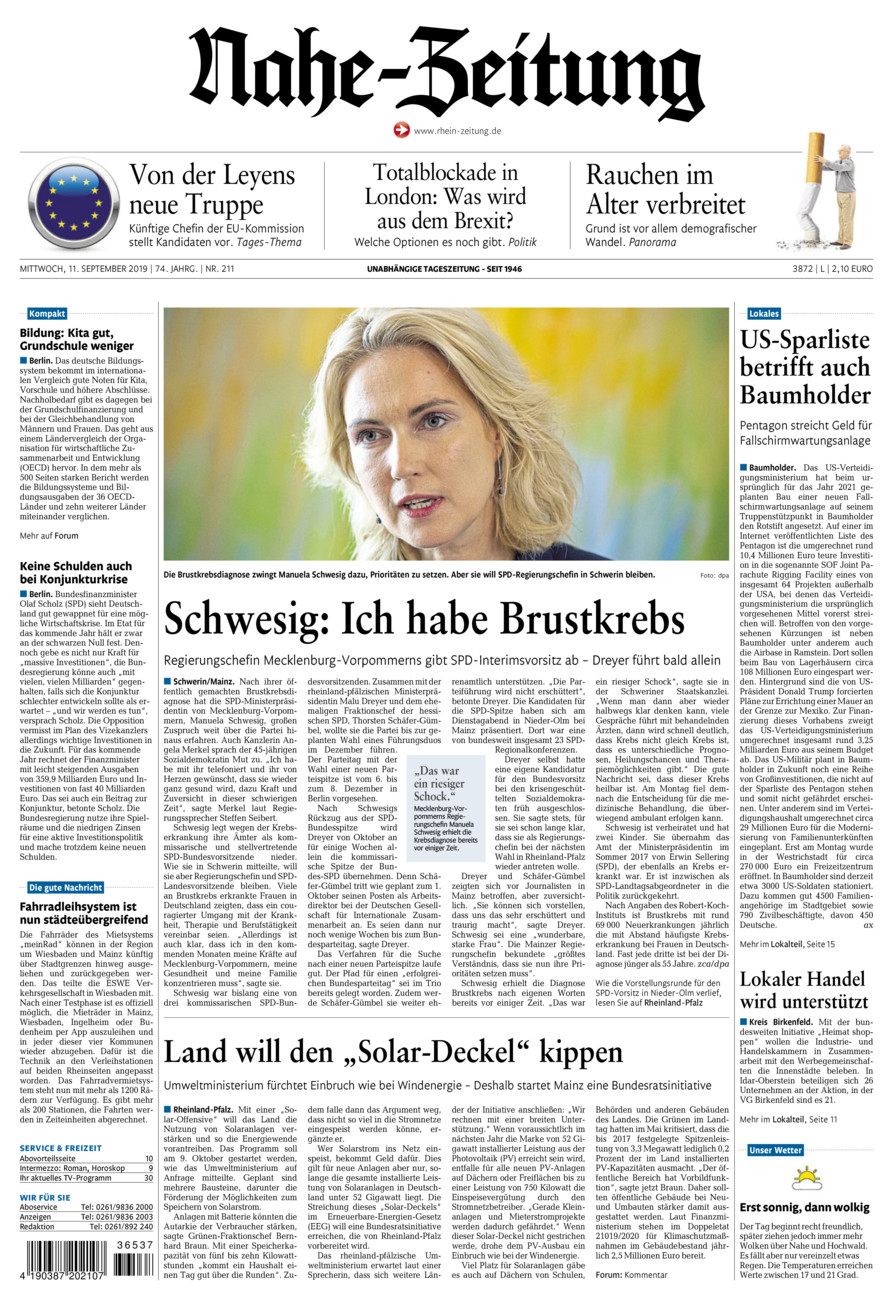 Nahe-Zeitung vom Mittwoch, 11.09.2019