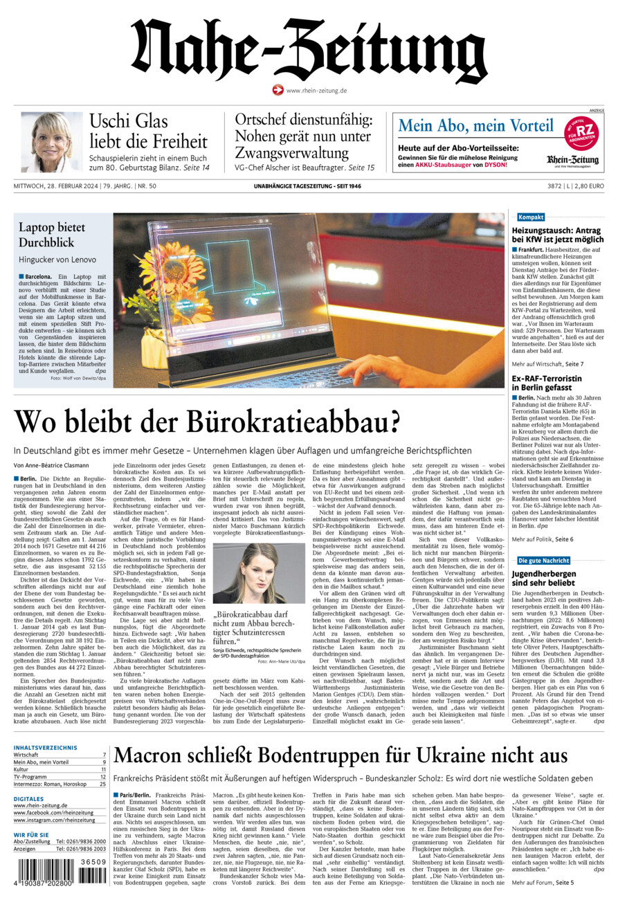 Nahe-Zeitung vom Mittwoch, 28.02.2024