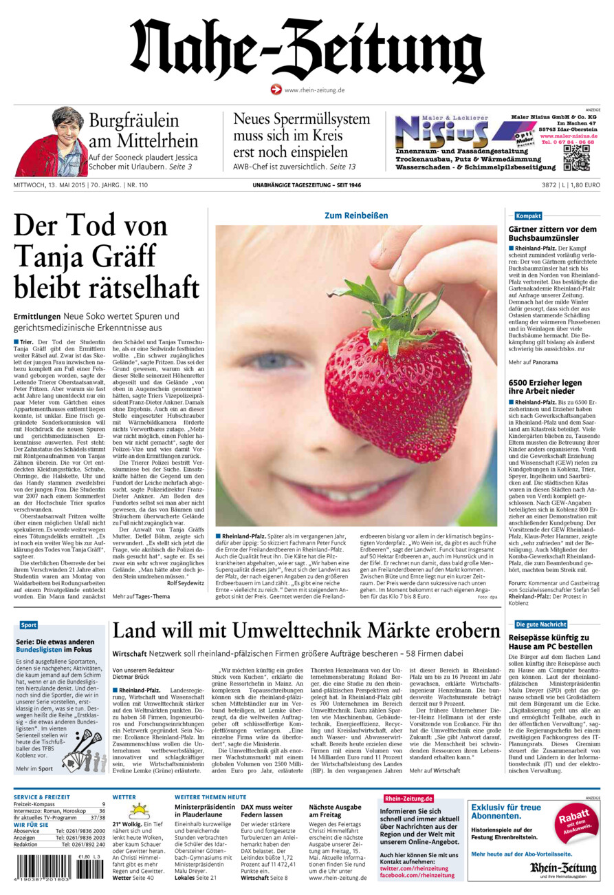 Nahe-Zeitung vom Mittwoch, 13.05.2015