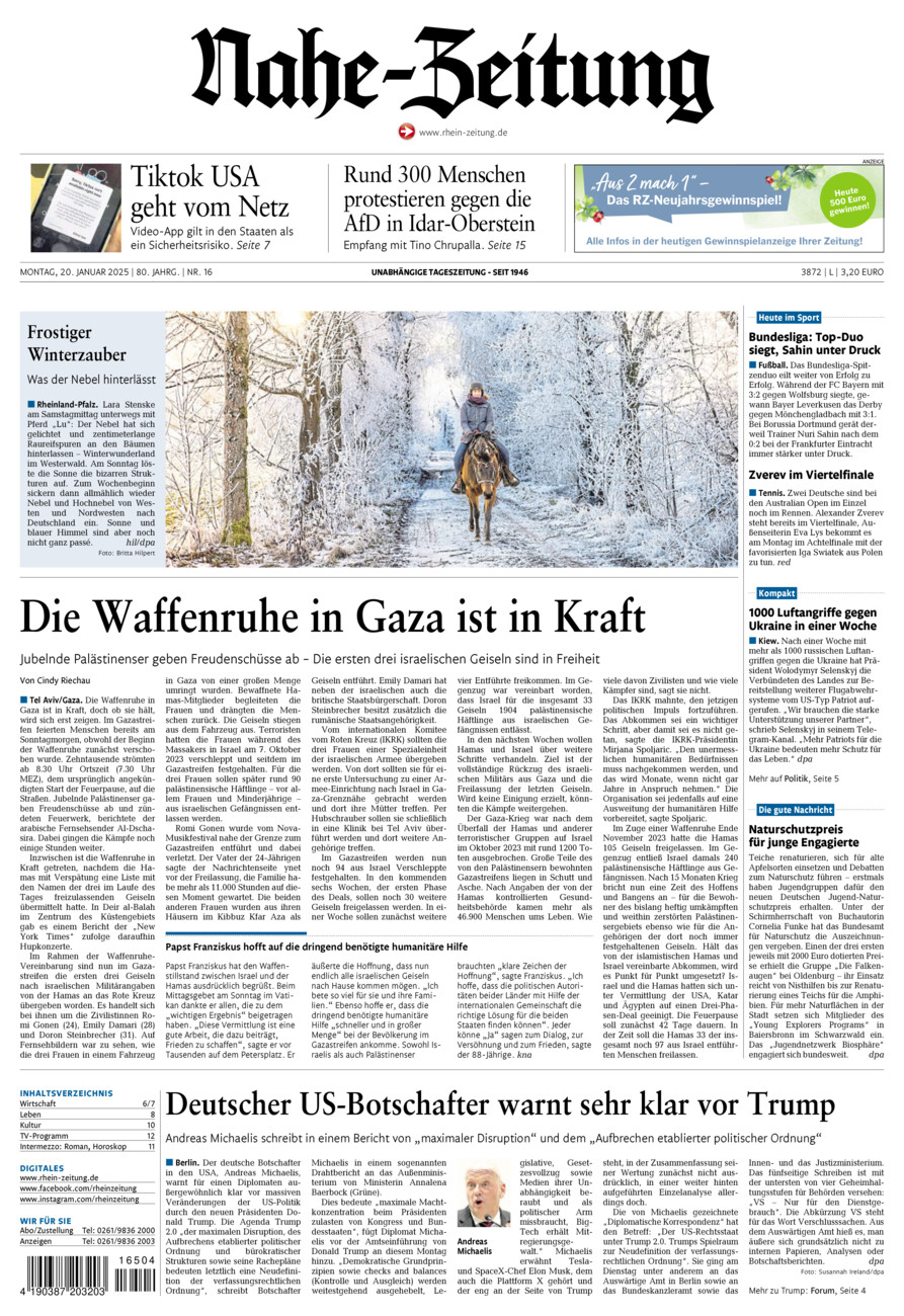 Nahe-Zeitung vom Montag, 20.01.2025