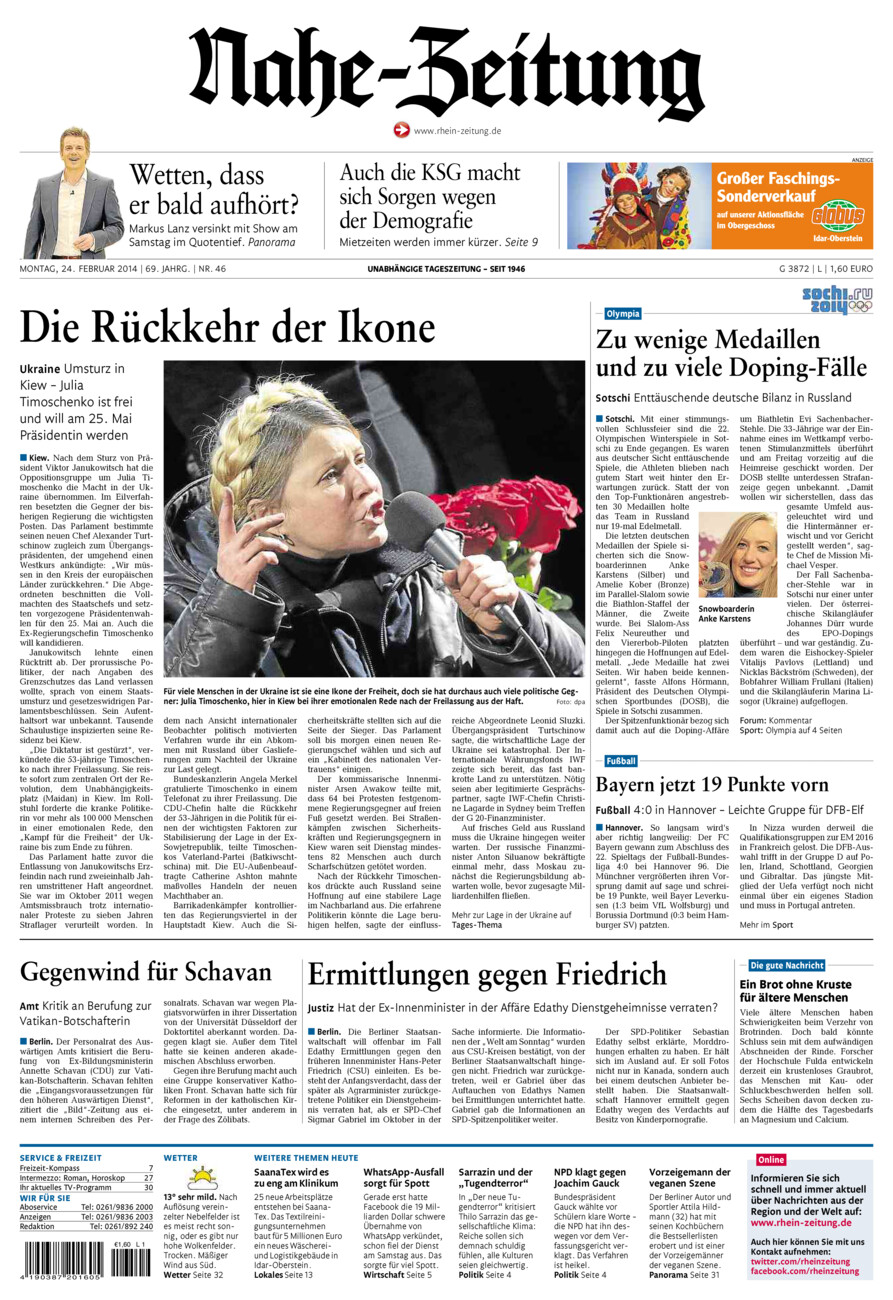 Nahe-Zeitung vom Montag, 24.02.2014
