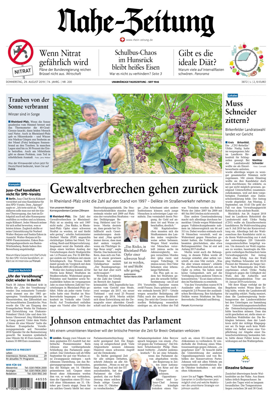 Nahe-Zeitung vom Donnerstag, 29.08.2019