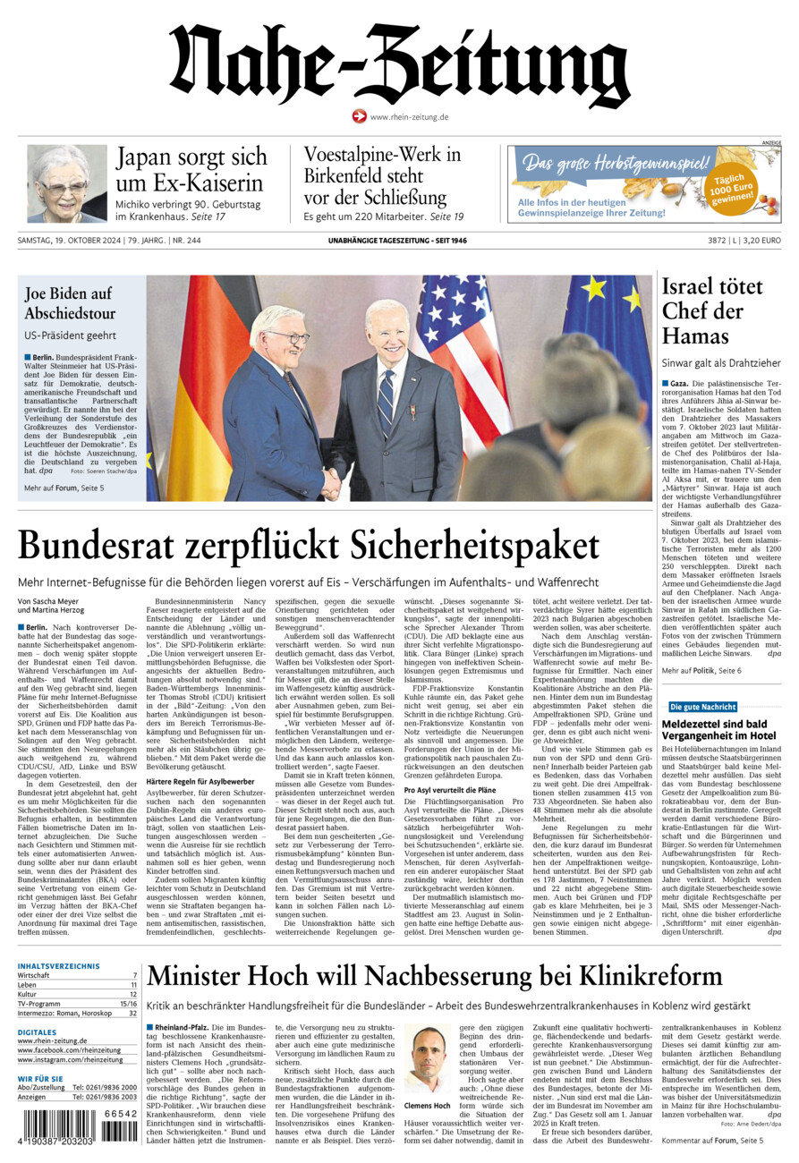 Nahe-Zeitung vom Samstag, 19.10.2024