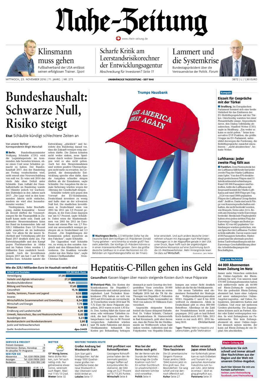Nahe-Zeitung vom Mittwoch, 23.11.2016