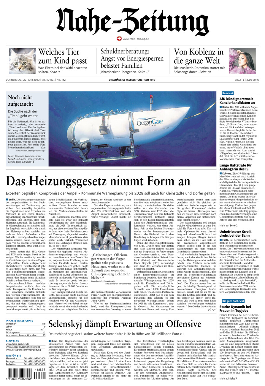 Nahe-Zeitung vom Donnerstag, 22.06.2023