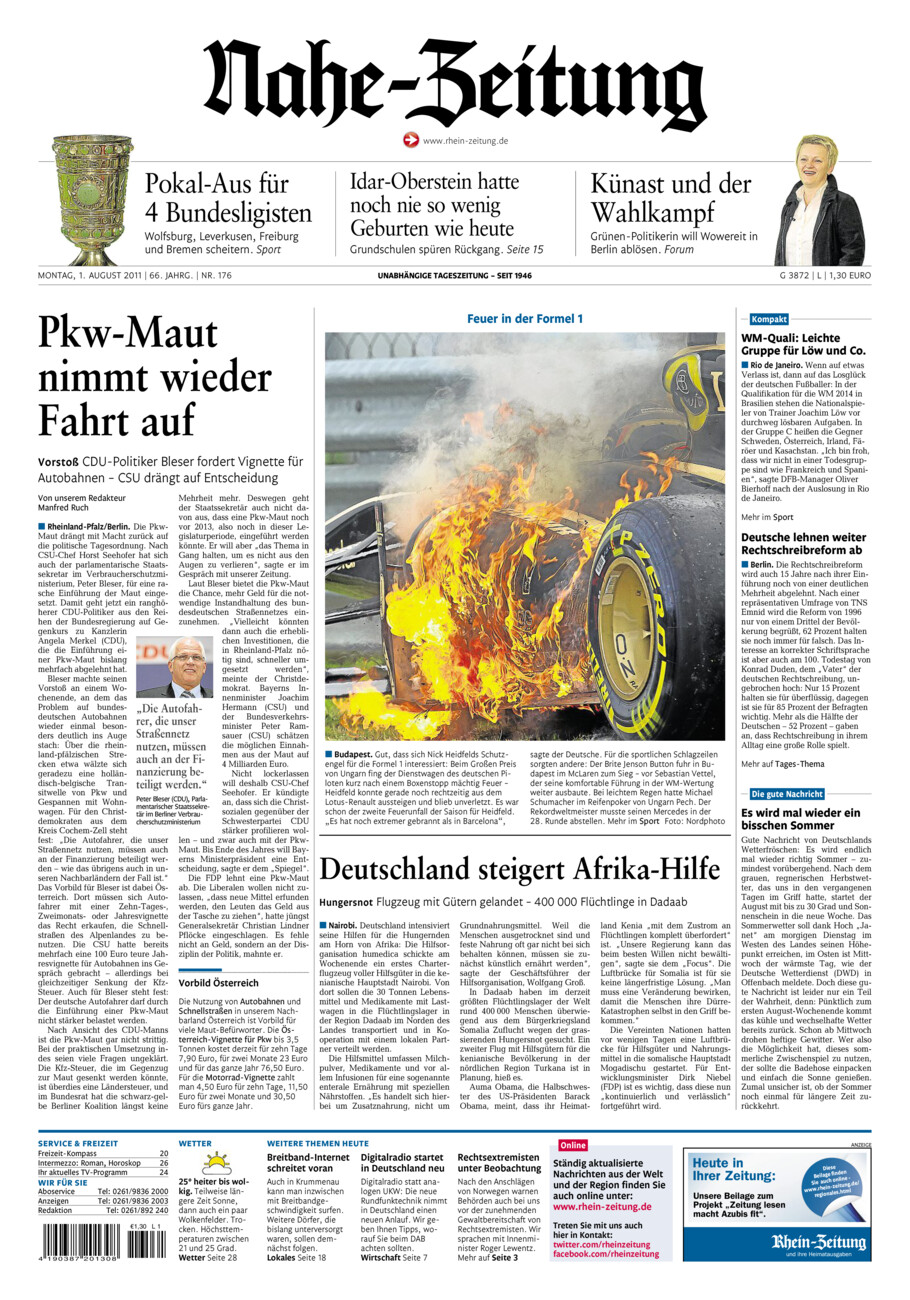 Nahe-Zeitung vom Montag, 01.08.2011