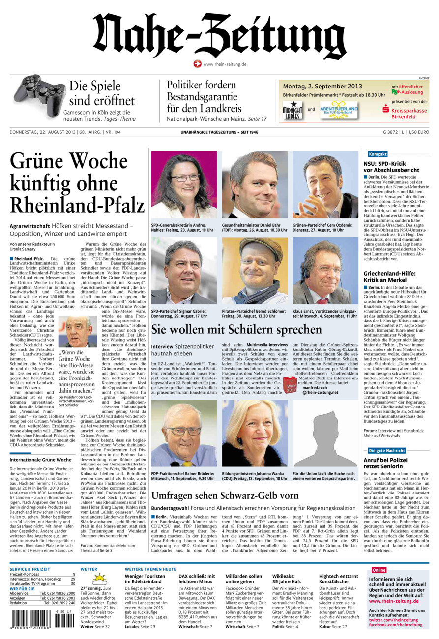 Nahe-Zeitung vom Donnerstag, 22.08.2013