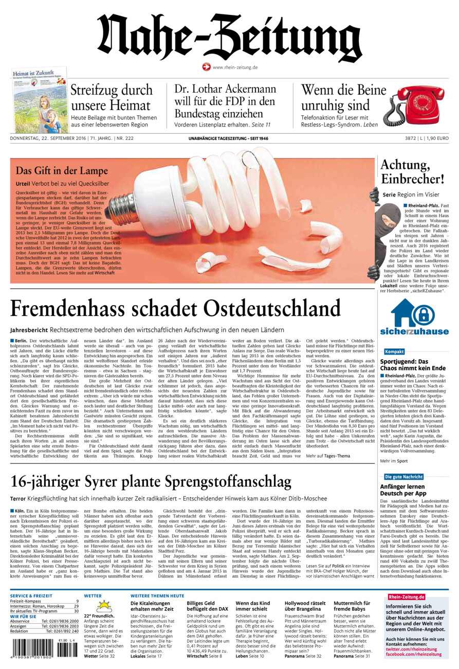 Nahe-Zeitung vom Donnerstag, 22.09.2016