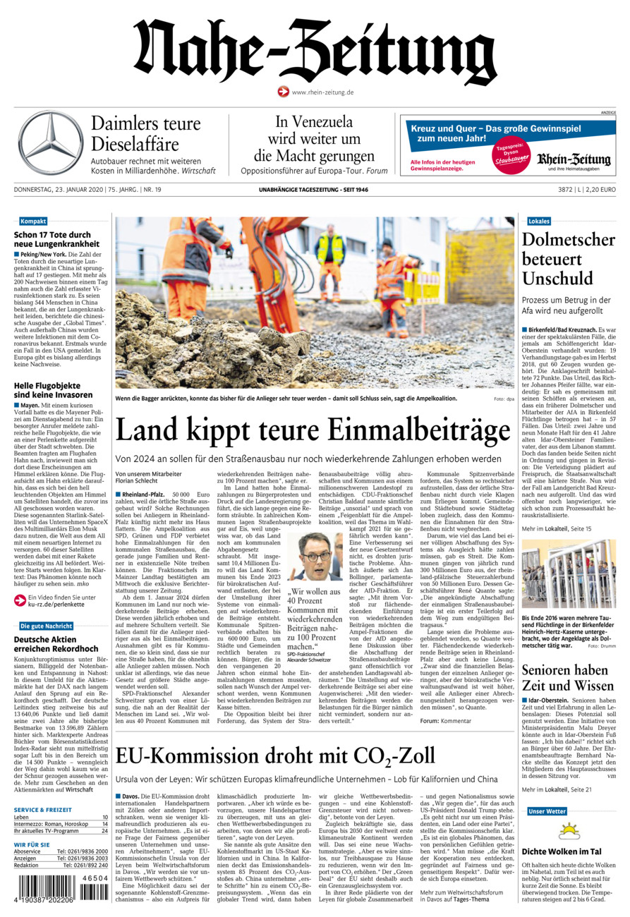 Nahe-Zeitung vom Donnerstag, 23.01.2020