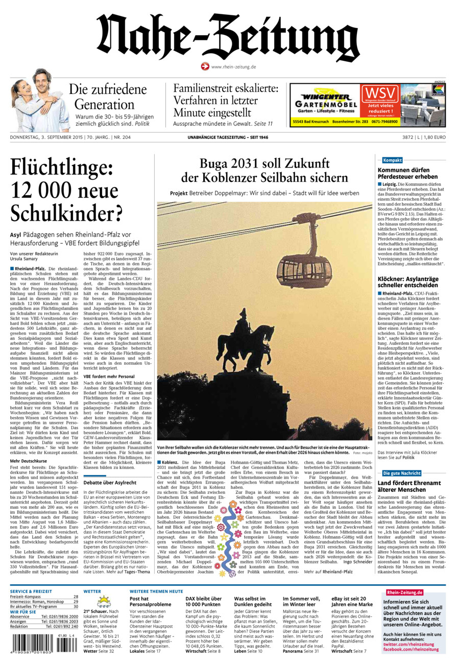 Nahe-Zeitung vom Donnerstag, 03.09.2015