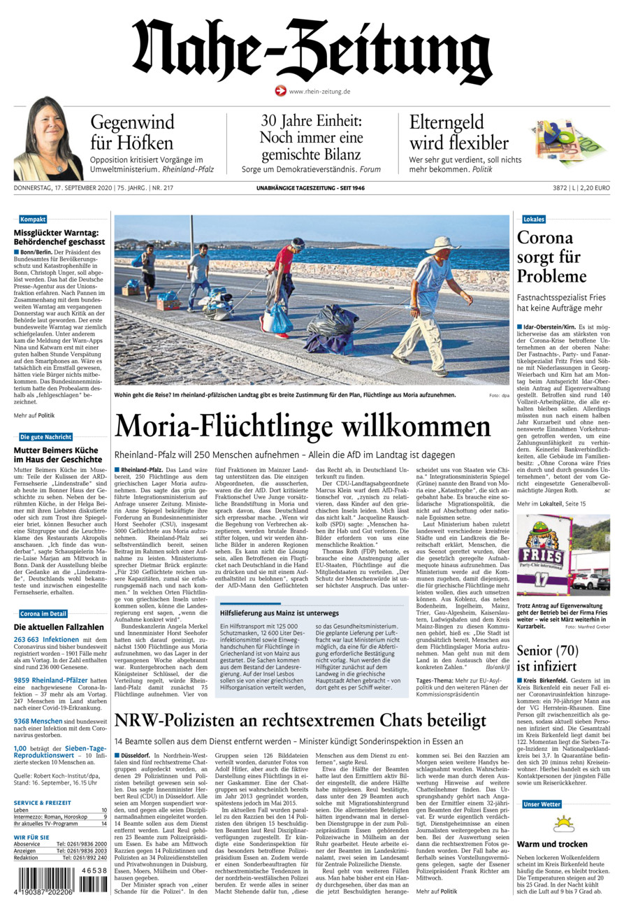 Nahe-Zeitung vom Donnerstag, 17.09.2020