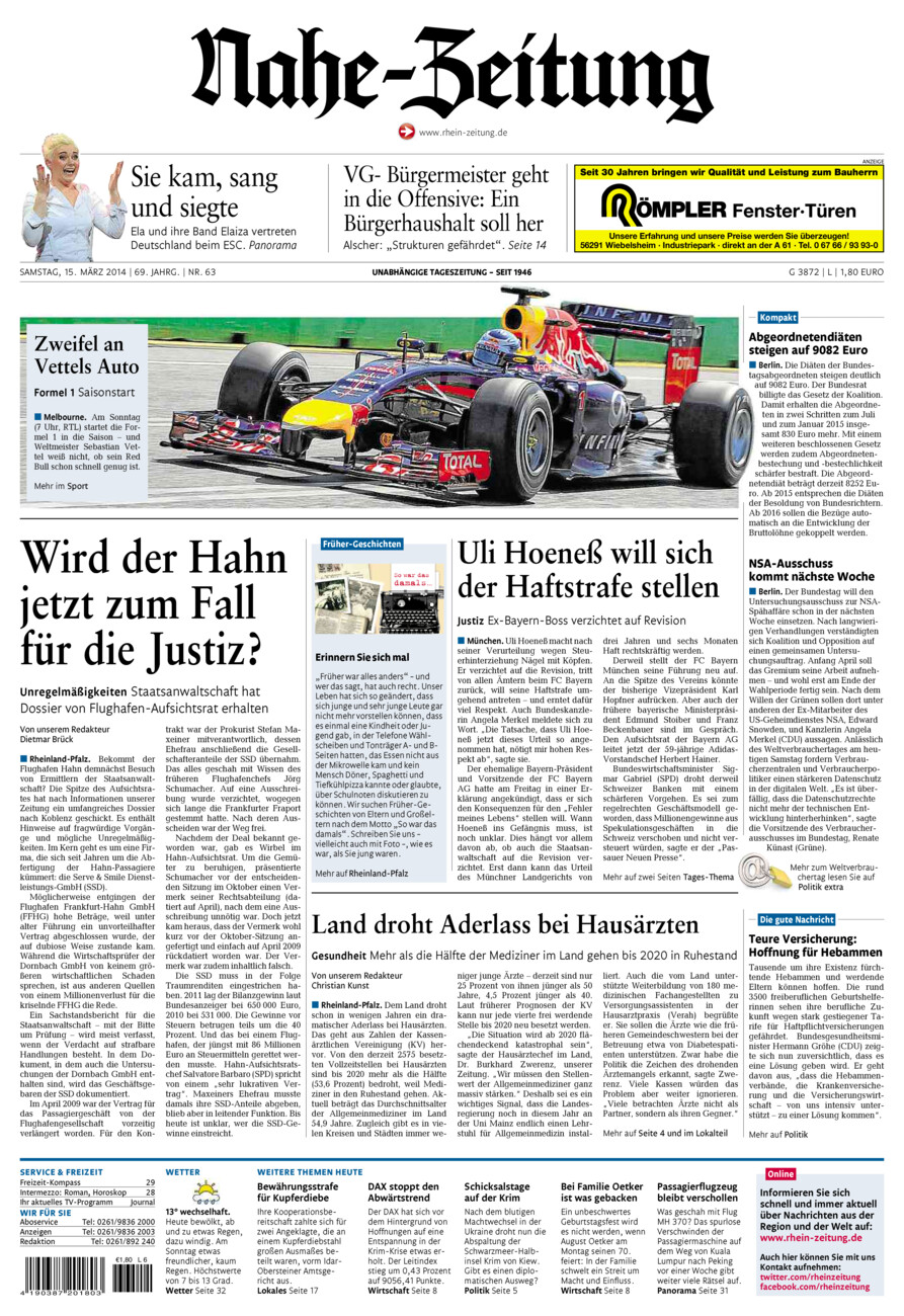 Nahe-Zeitung vom Samstag, 15.03.2014