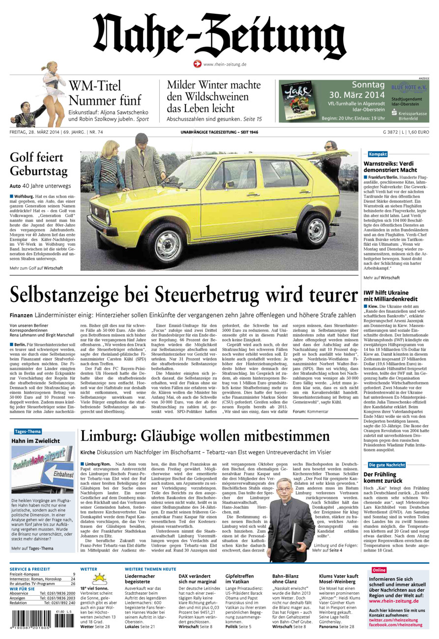 Nahe-Zeitung vom Freitag, 28.03.2014