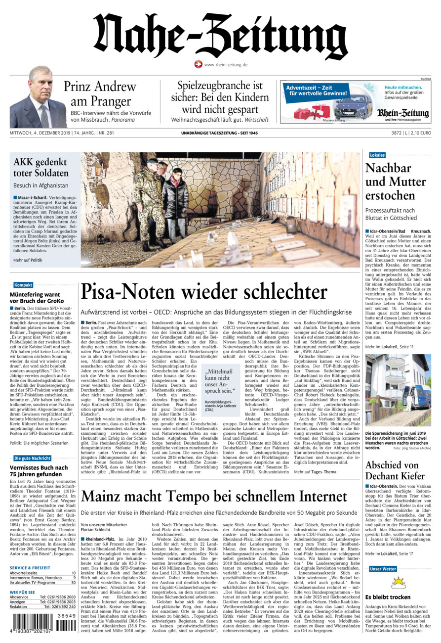 Nahe-Zeitung vom Mittwoch, 04.12.2019