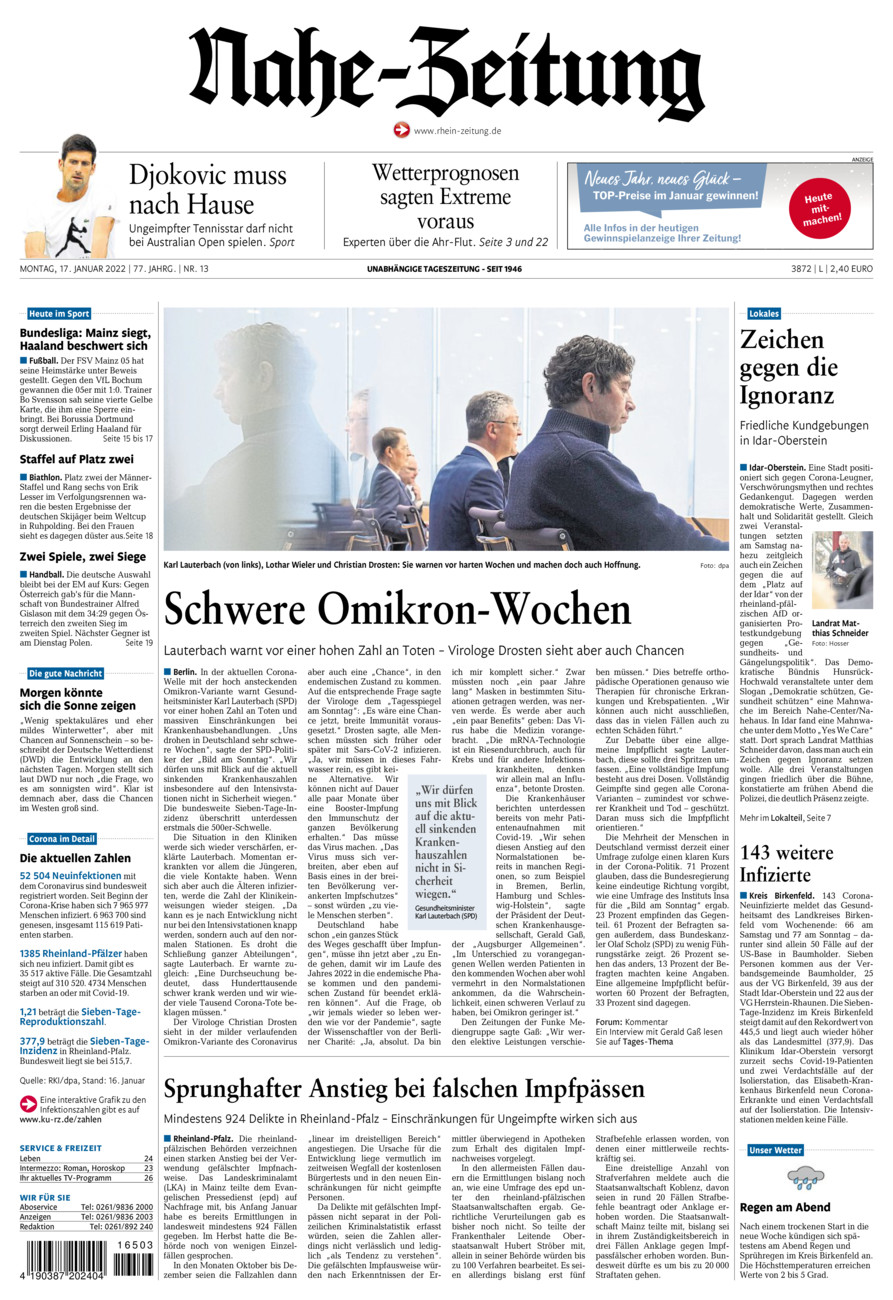 Nahe-Zeitung vom Montag, 17.01.2022