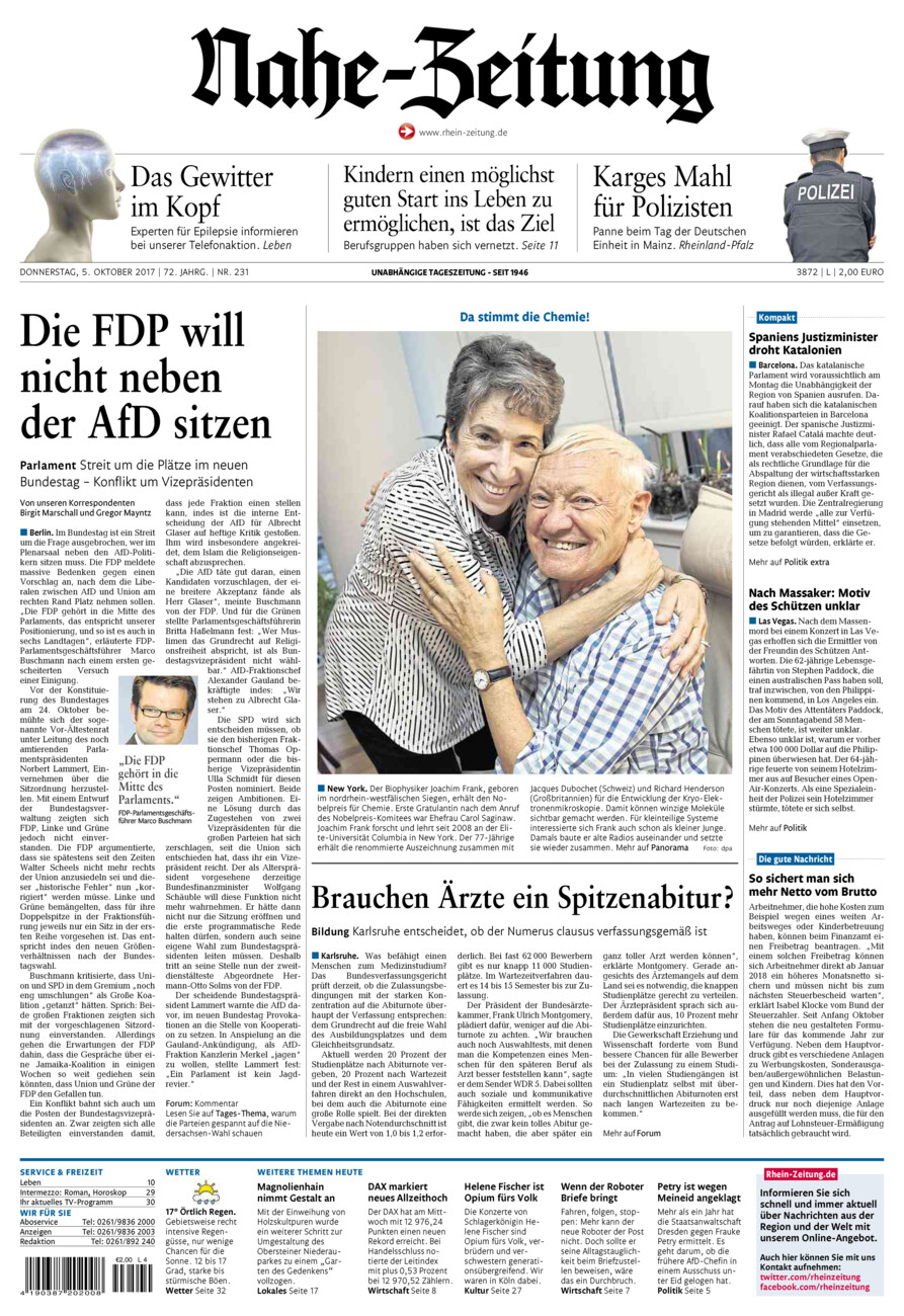 Nahe-Zeitung vom Donnerstag, 05.10.2017
