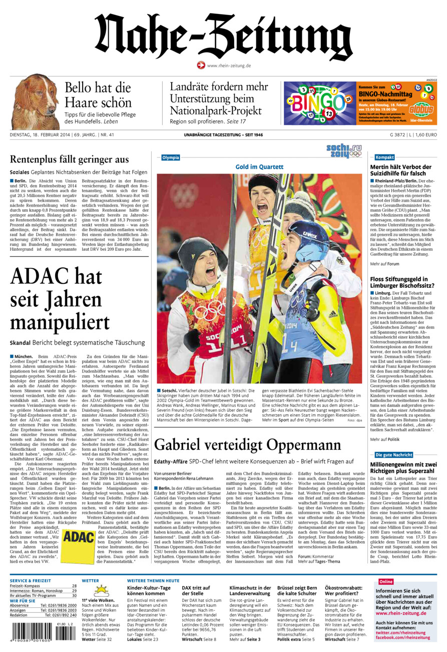 Nahe-Zeitung vom Dienstag, 18.02.2014