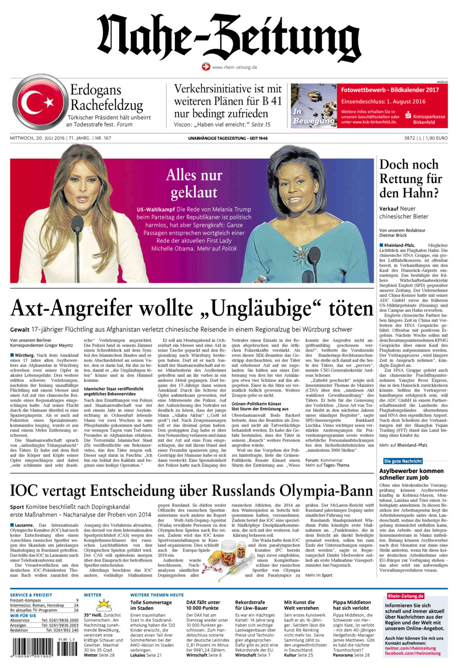 Nahe-Zeitung vom Mittwoch, 20.07.2016