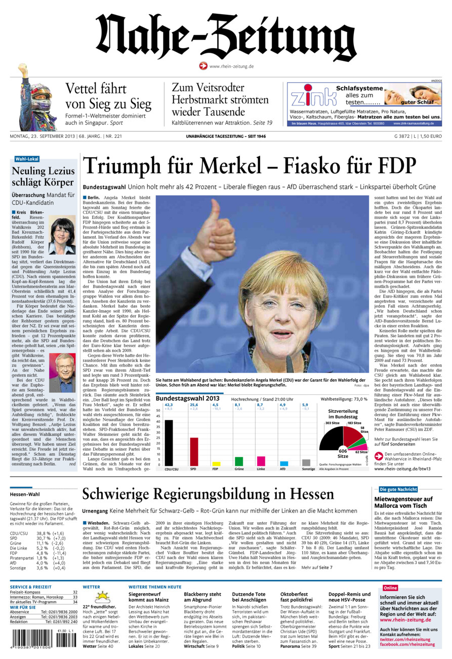Nahe-Zeitung vom Montag, 23.09.2013