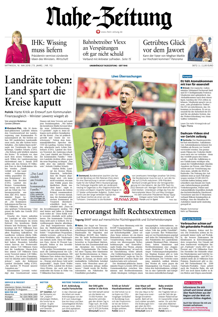 Nahe-Zeitung vom Mittwoch, 16.05.2018
