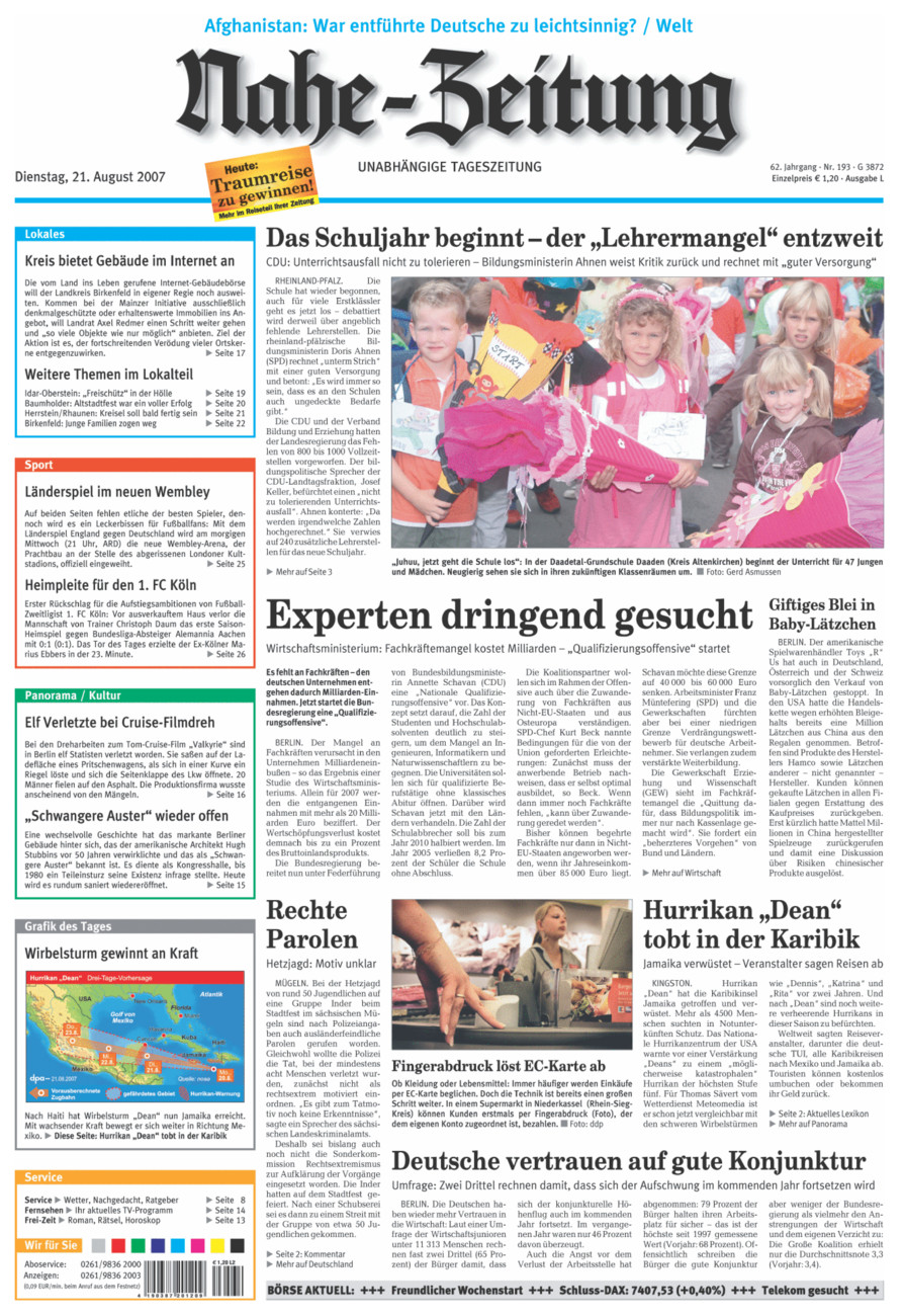Nahe-Zeitung vom Dienstag, 21.08.2007