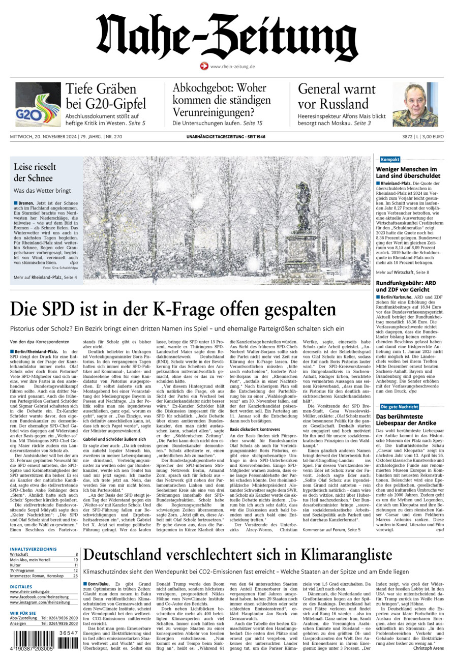 Nahe-Zeitung vom Mittwoch, 20.11.2024