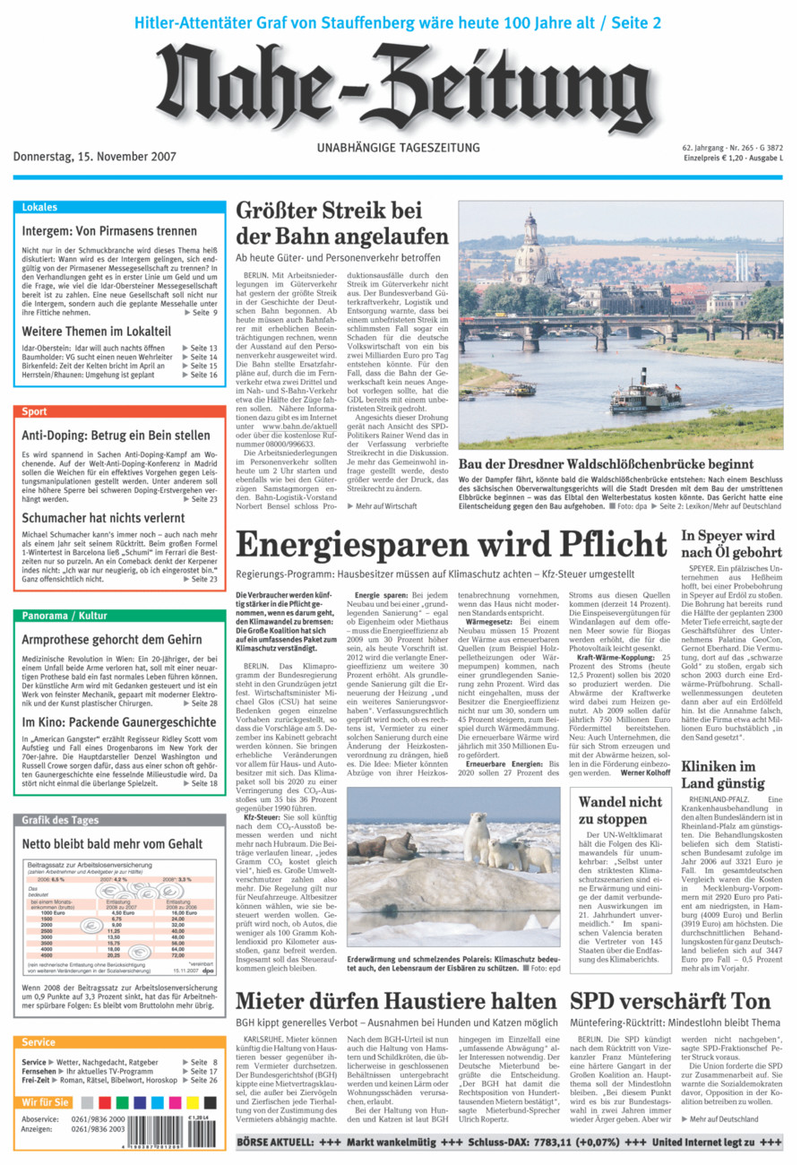 Nahe-Zeitung vom Donnerstag, 15.11.2007