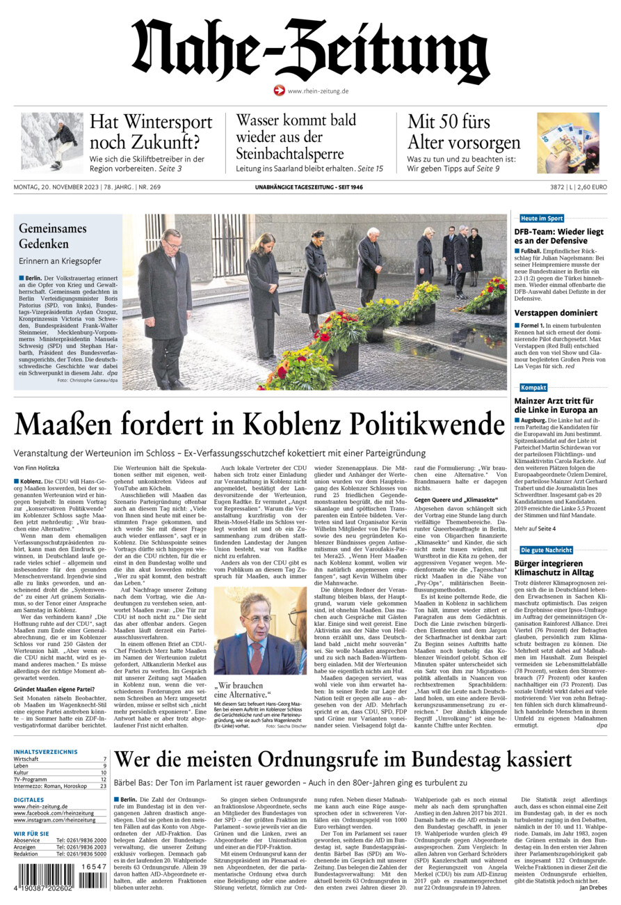 Nahe-Zeitung vom Montag, 20.11.2023