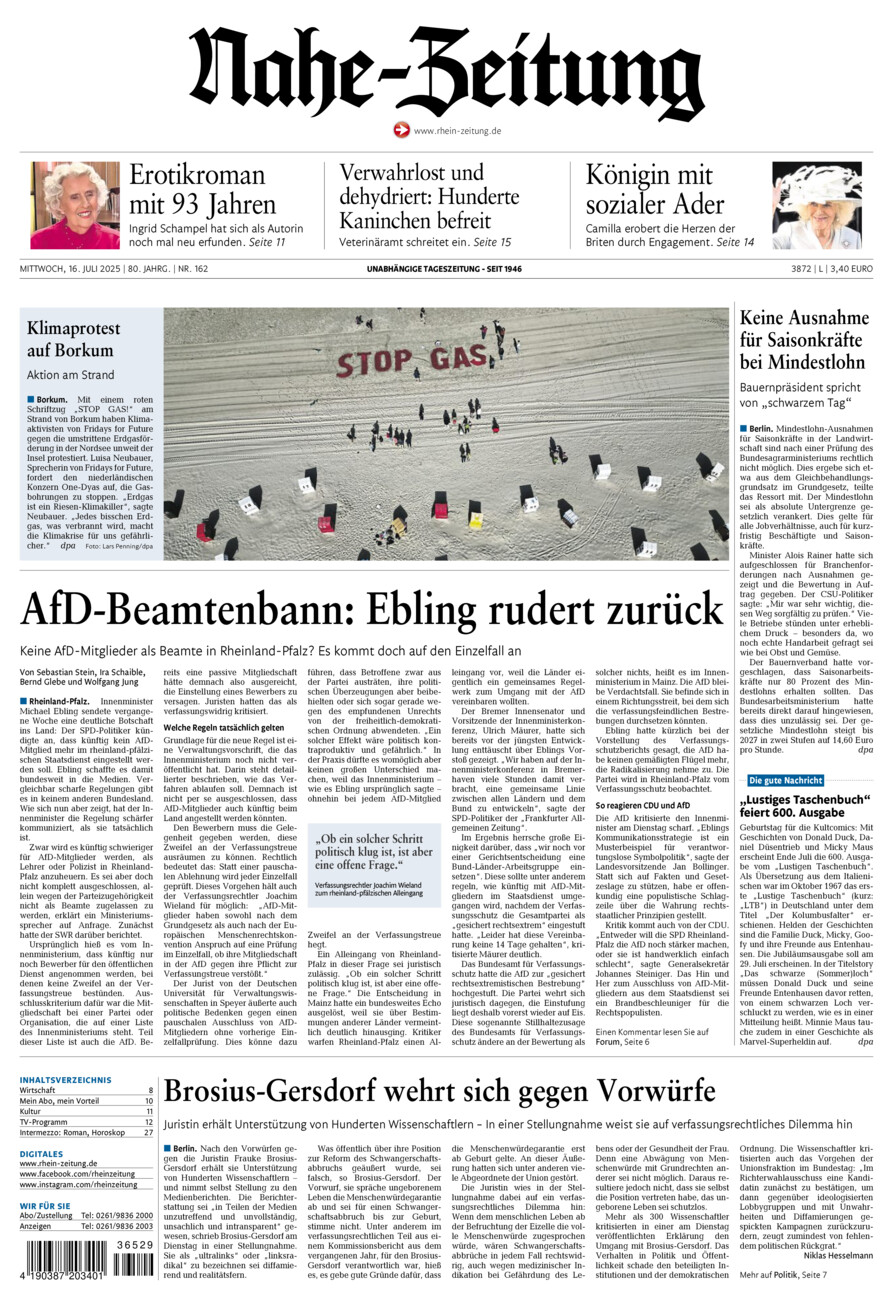 Nahe-Zeitung vom Mittwoch, 16.07.2025