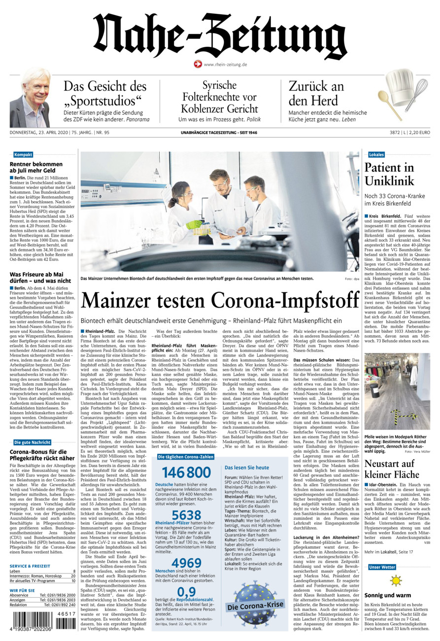 Nahe-Zeitung vom Donnerstag, 23.04.2020