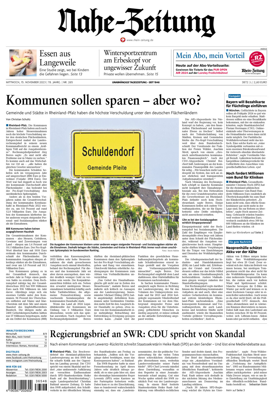 Nahe-Zeitung vom Mittwoch, 15.11.2023