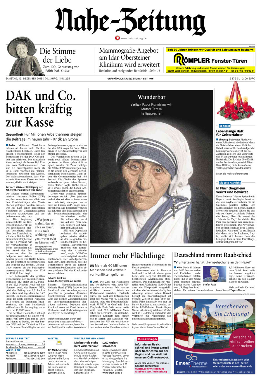 Nahe-Zeitung vom Samstag, 19.12.2015
