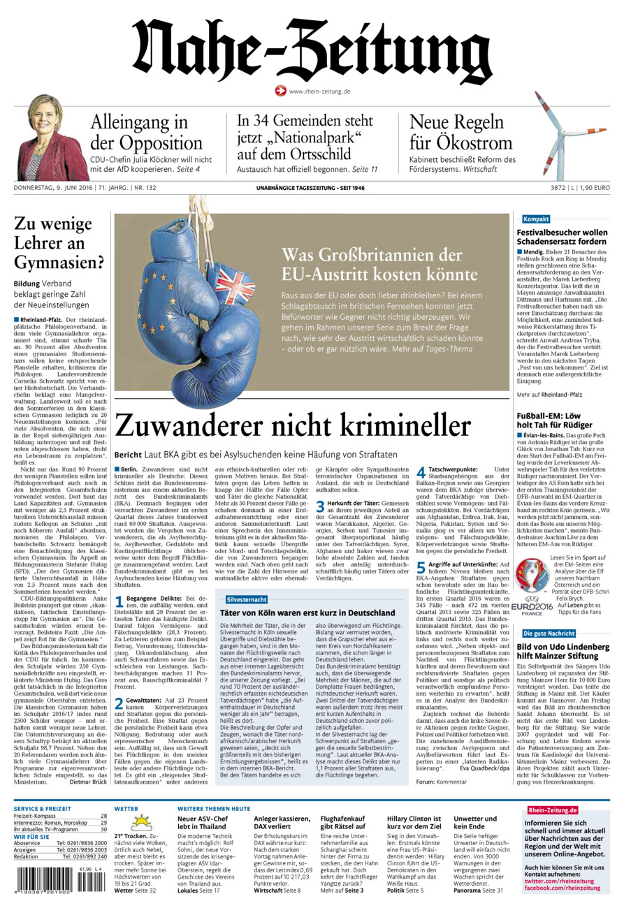 Nahe-Zeitung vom Donnerstag, 09.06.2016